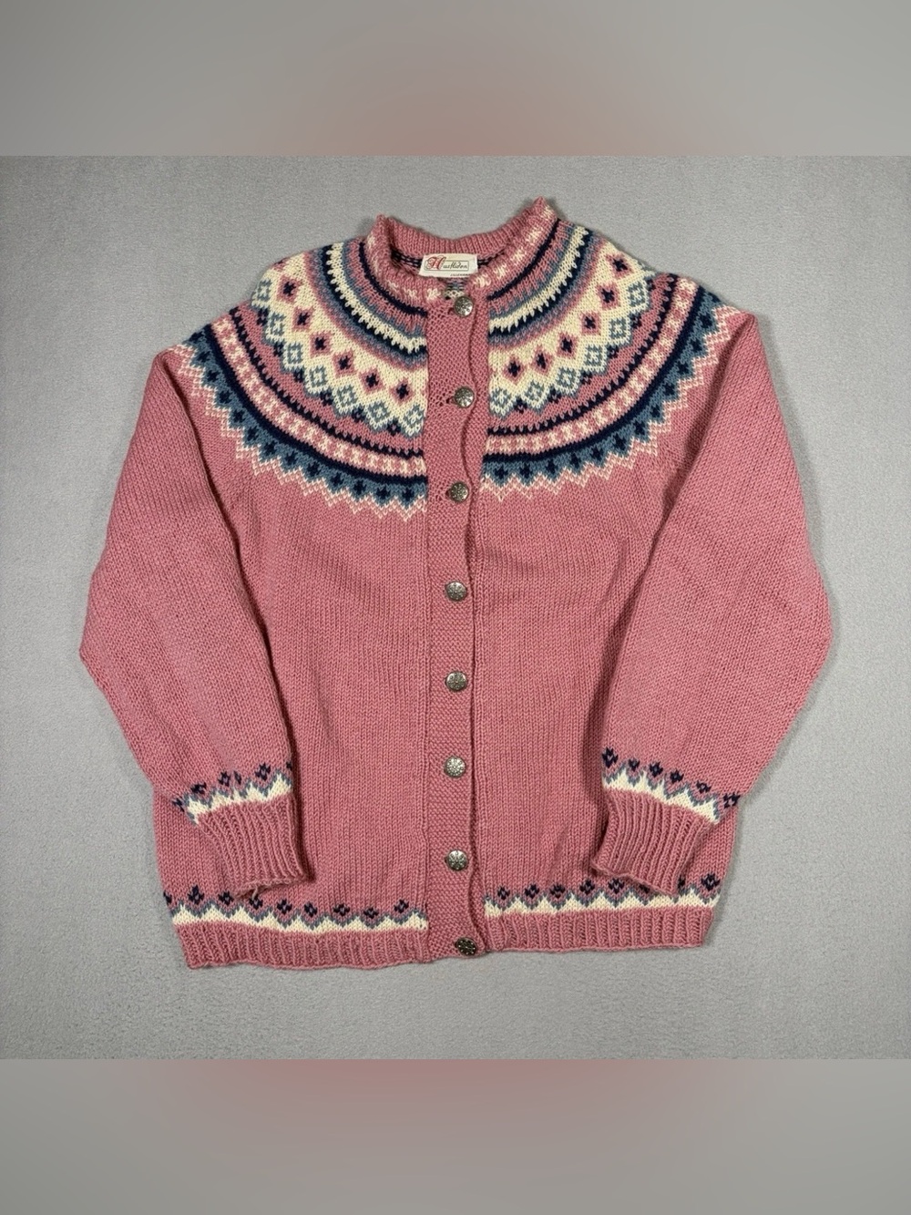 Husfliden Hand Knit Norwegian Wool Cardigan Women’s Medium Pink Nordic Fair Isle